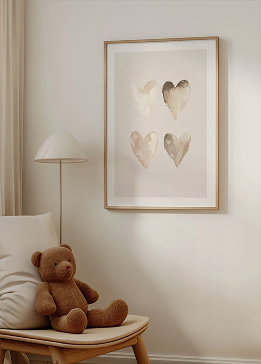 Neutral Watercolor Hearts, Beige Tones, Kids Plakat - Posterbox.dk