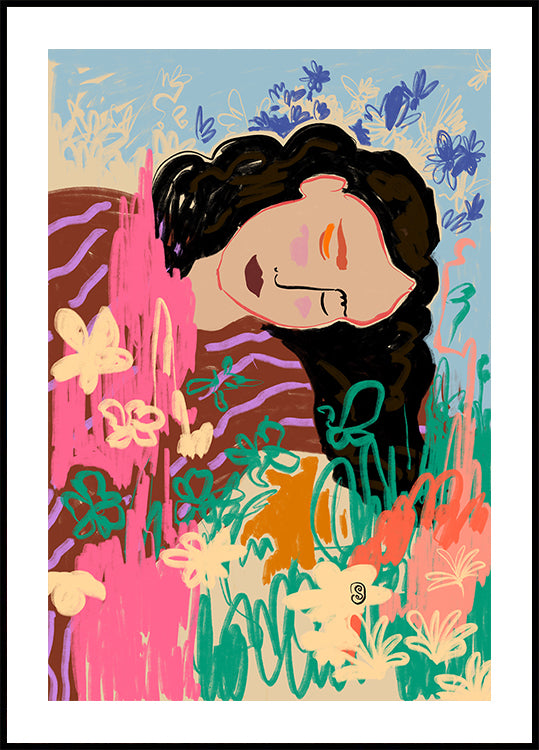 Expressive Figure Surrounded By Colorful Flowers Plakat - Posterbox
