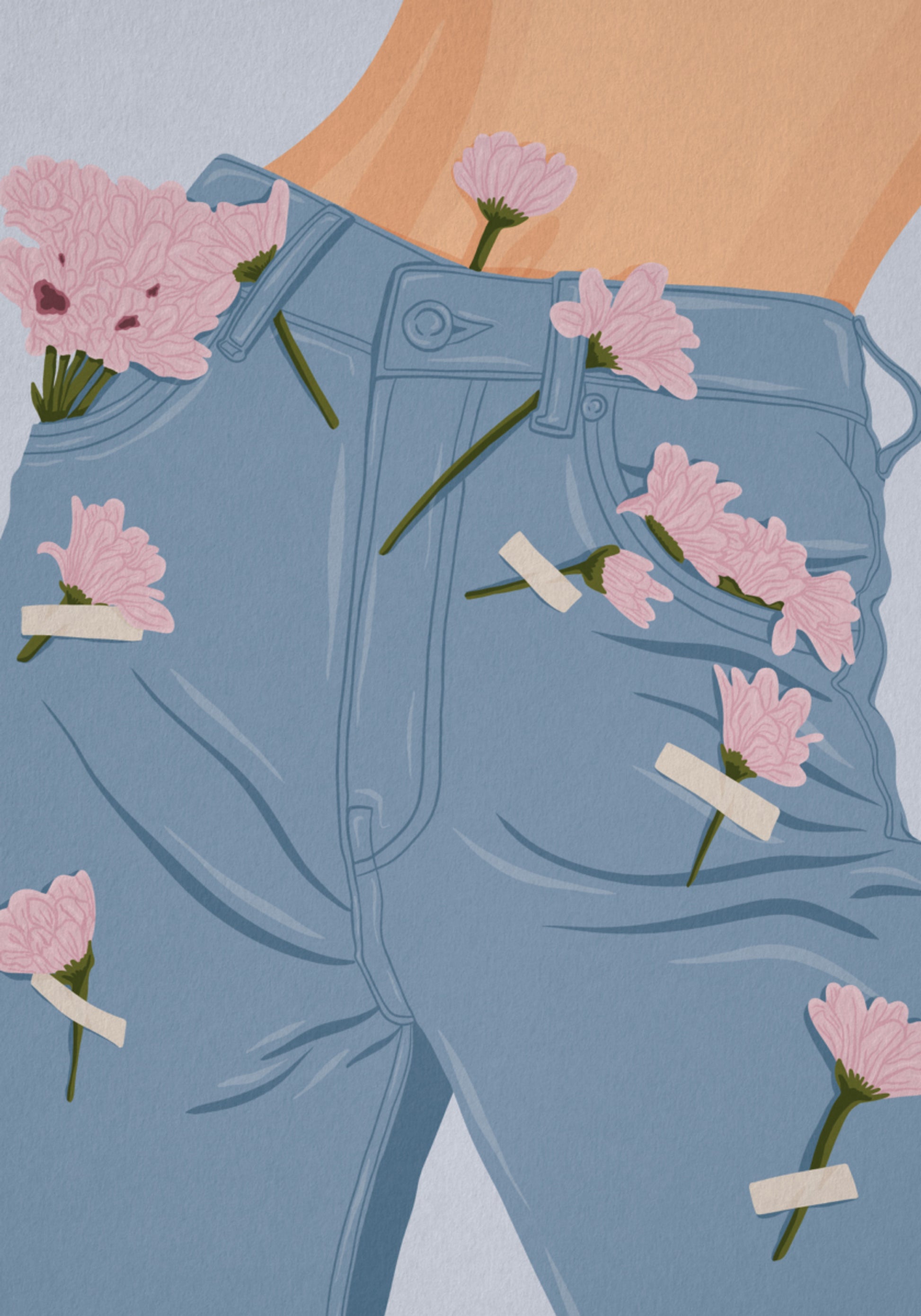 Rosa Blummen op Jeans
