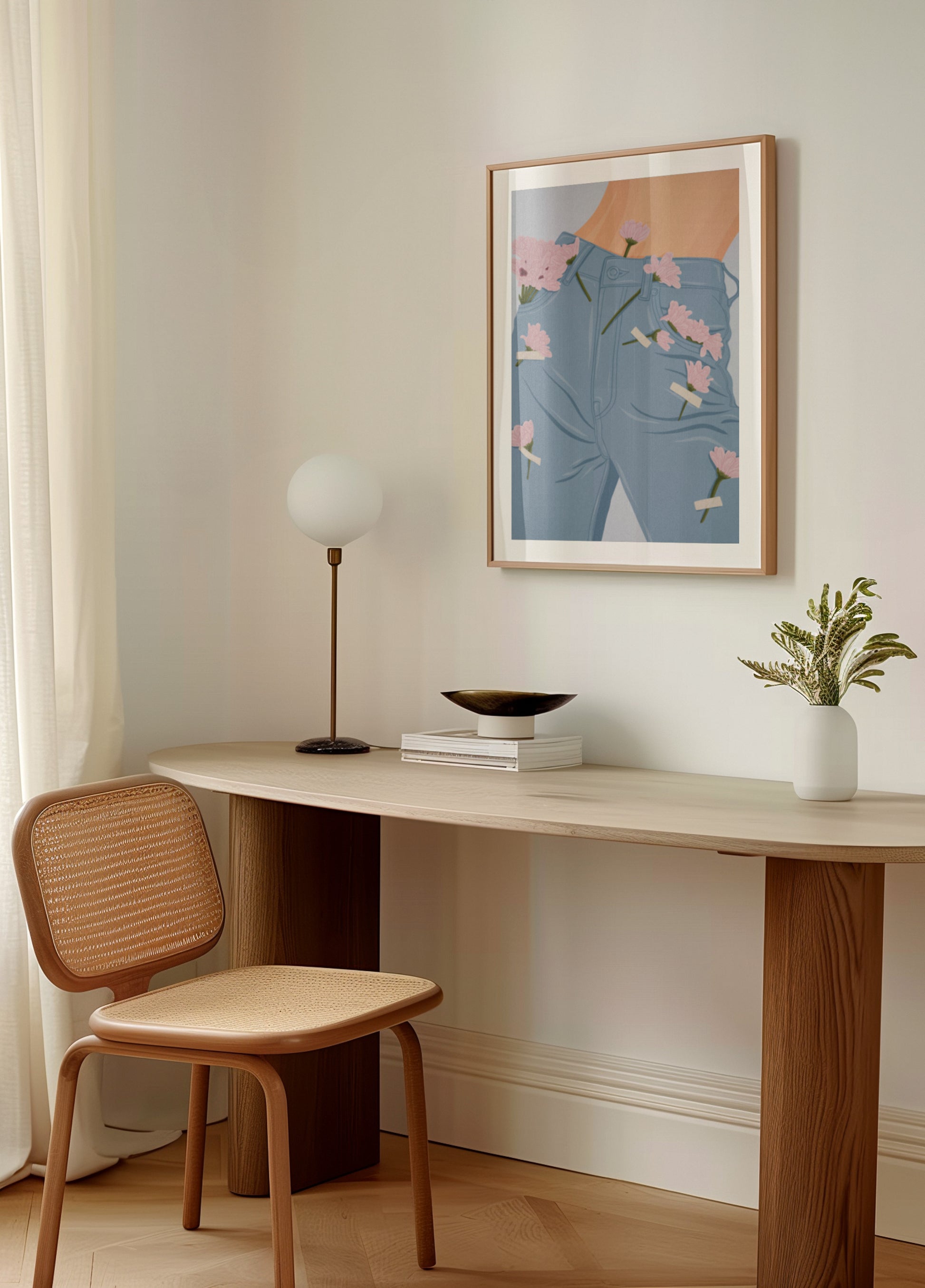 Rosa Blummen op Jeans
