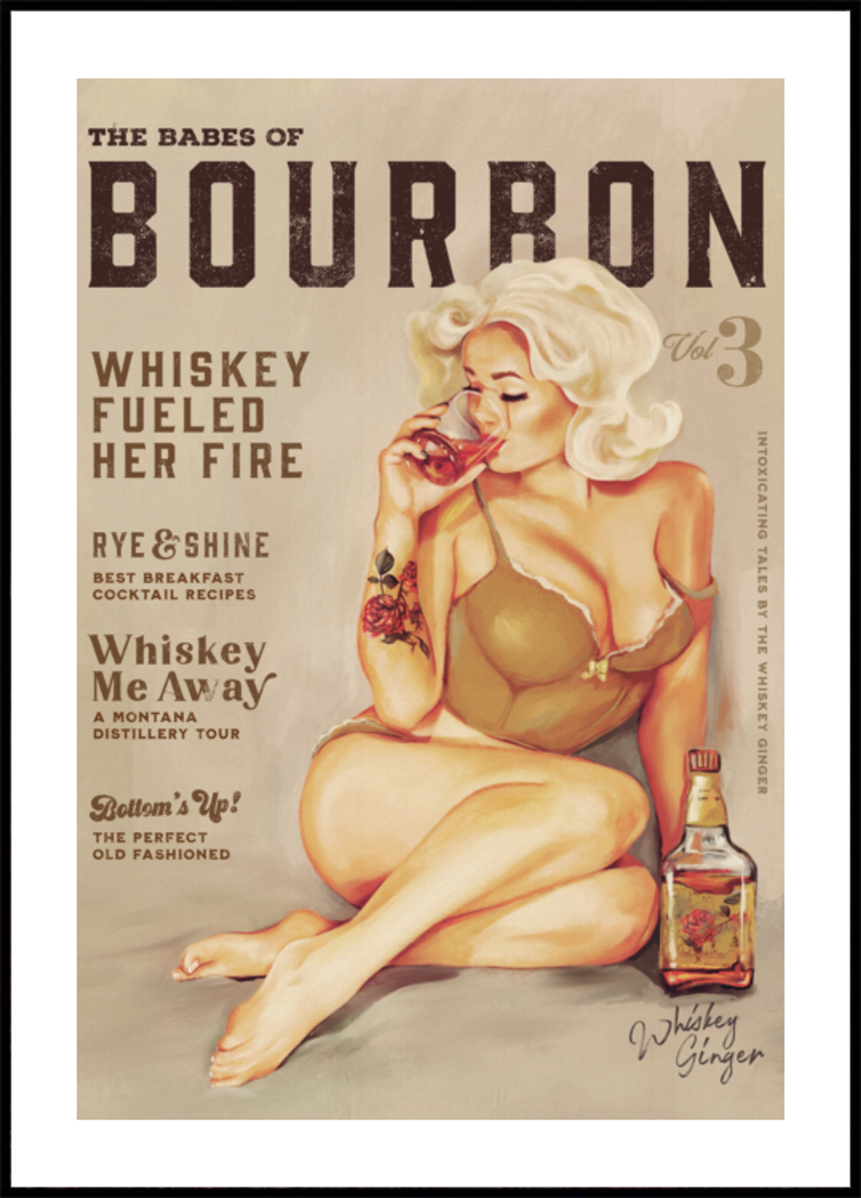 Burbona sienas māksla. Sexy Vintage Pin Up Girl Drink Viskiju