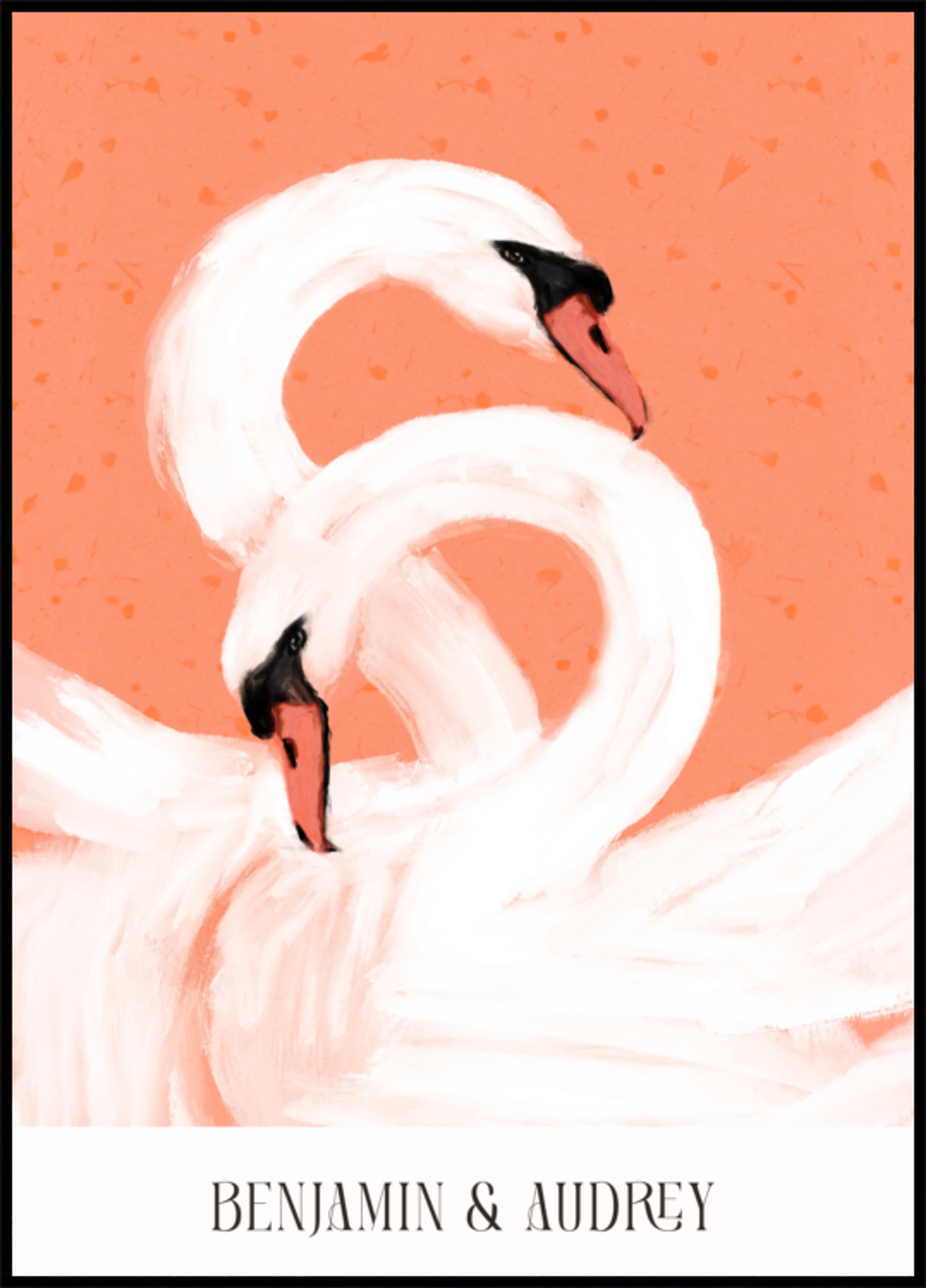 Elegant swans on coral background